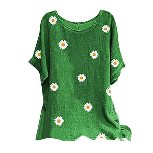 aihihe Plus Size Tops for Women Short Sleeve Summer Casual Vintage Floral Print T Shirts Cotton Linen Tunic Blouses