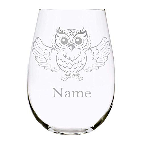 Owl with name 17 oz. stemless wine glass