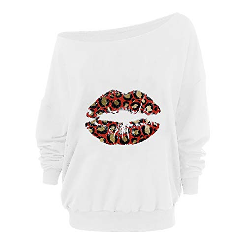 Xia and Han Sweatshirt for Women Casual Skew Collar Heart Print Tops Long Sleeved Off The Shoulder Loose Pullover Slouchy T-Shirt White