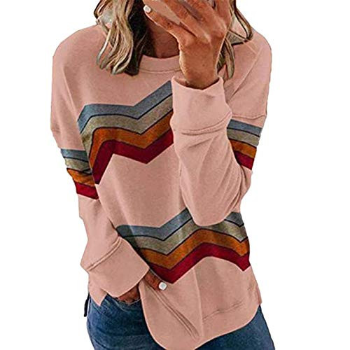Appoi Women Striped Sweatshirt Casual Color Block Side Slit Pullover Shirt Loose Crew Neck Long Sleeve Jumper Tops