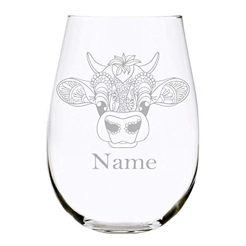 Cow with name 17 oz. stemless wine glass