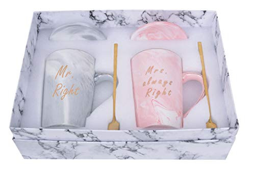 Mr Right Mrs Always Right Coffee Mugs Couples Coffee Mugs Wedding Engagement Gifts for Bride and Groom Couple Lover Mugs for Him and Her Valentines Day Mug 14 Ounce Pink with Spoon Coaster Gift Box