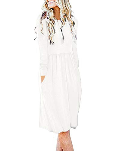 AUSELILY Women s Solid Plain Long Sleeve Pockets Empire Waist Pleated Loose Swing Casual Flare Dress  XL White