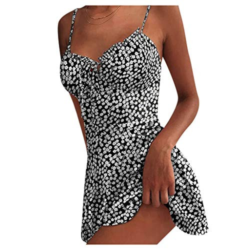 Hotkey Womens Casual Summer Beach Dress Floral Spaghetti Strap Sleeveless V Neck A line Swing Casual Sundress Beachwear Black