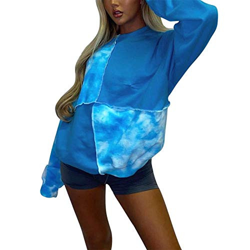 HIRIRI Women Tie Dye Sweatshirt Pullover Loose Fitting Tops Color Block Crew Neck Long Sleeve Shirts Tunic Blue