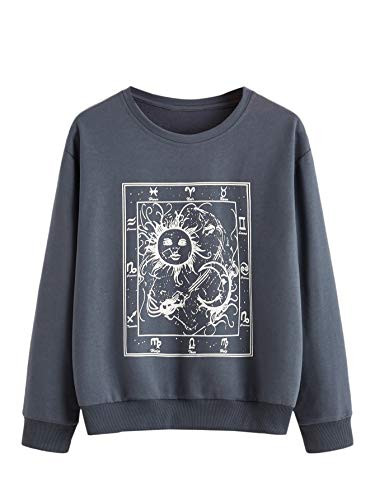SweatyRocks Women s Casual Sun Graphic Print Long Sleeve Pullover Sweatshirt Top Grey L
