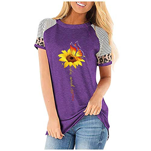Hotkey Womens Blouse  Women s Lightweight Leopard Stripe Color Block Sunflower Short Sleeve Loose Fit Tunics Tops Shirts Purple