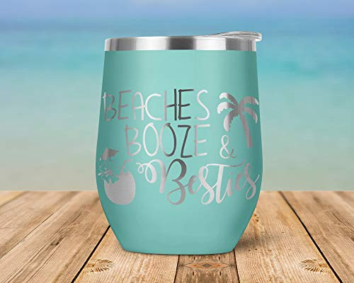 12 oz Wine Tumbler With Lid  Beaches  Booze  And Besties Engraved Vacuum Insulated Stemless Wine Glass Tumbler With Lid Travel Mug