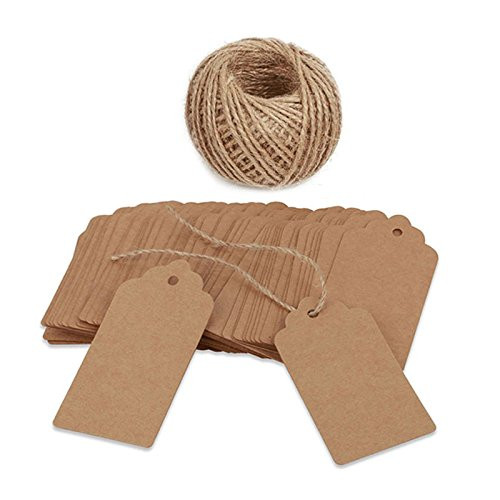 100 PCS Kraft Paper Gift Tags with String Blank Gift Tag Vintage Wedding Favor Hang Tags with 100 Feet Natural Jute Twine Retangle Tags for Crafts & Price Tags Labels