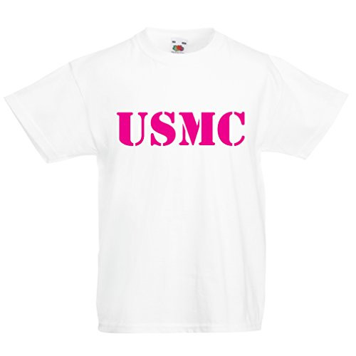 lepni.me Kids T-Shirt USMC Emblem  Marine Corps  Marines Logo  US Navy Armed Forces  3-4 Years White Magenta