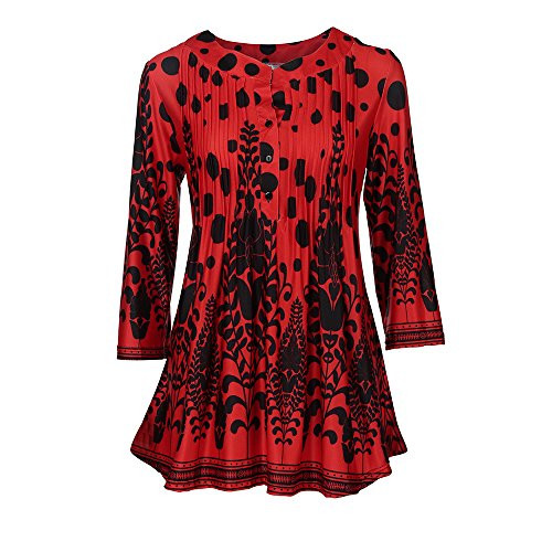 Women Three Quarter T-Shirt Sleeved Tops Circular Neck Printed Blouse Loose Red