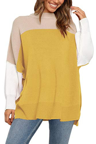 ZESICA Women s Color Block Sweater Crewneck Long Sleeve Casual Loose Knitted Pullover Jumper Tops Yellow