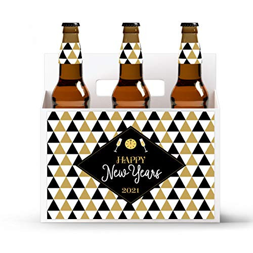 Gold and Black Geometric New Years Beer Carrier and Beer Bottle Labels