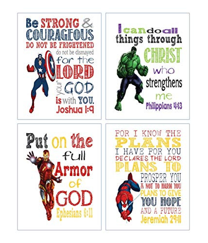Superhero Christian Nursery Decor Print Set of 4 - Captain America  Hulk  Ironman and Spiderman with Bible Verses