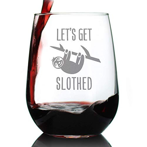 Lets Get Slothed  Cute Funny Stemless Wine Glass  Large 17 Ounces  Etched Sayings  Gift Box
