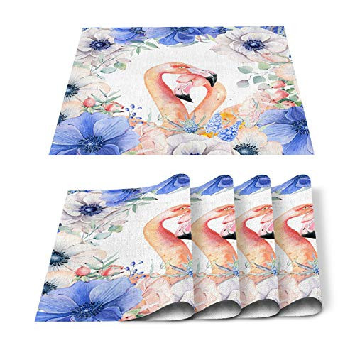 SUN-Shine Flamingo Couple with Blossom Flower Placemats 4 PCS Washable Placemat for Dining Table Decorations  Heat-Resistant Table Mats for Kitchen Dinner Banquet Decor Watercolor Artwork