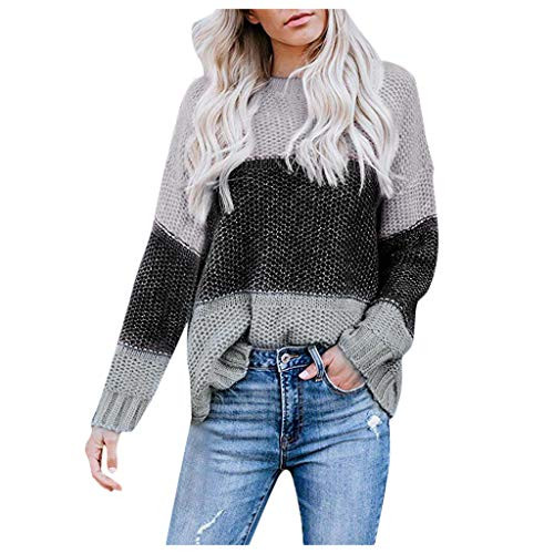Womens Knitted Pullover Sweater Jchen Color Block Splicing Striped Loose Sweater Long Sleeve Knitted Pullover Jumper Tops  M US 6  Gray
