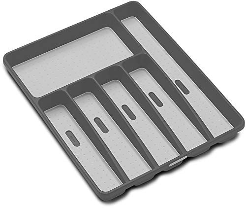 madesmart Classic Large Silverware Tray - Cool Grey   CLASSIC COLLECTION   6-Compartments   Soft-Grip Lining and Non-Slip Feetand Non-slip Rubber Feet   BPA-Free