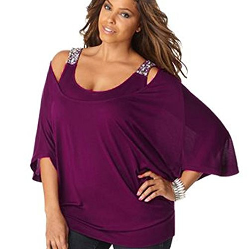 haoricu Bat Blouse  Clearance!Women Solid Off Shoulder 3 4 Sleeve Plus Size Loose Bling T Shirt Tunic Tops  XL  Purple