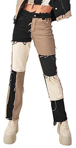 Women s Patchwork Pants Hight Waist Color Block Distressed Straight Denim Jeans Fashion A-line Vintage Pencil Trousers Black