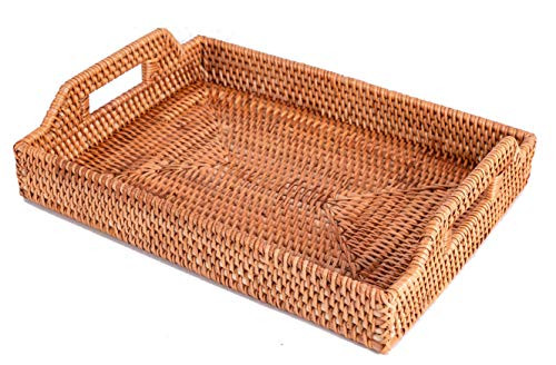 Hand-Woven Rectangular Rattan Tray with Handles for Breakfast  Drinks  Snacks for Coffee Table or Ottoman. Wicker Rattan Ottoman Tray Trays for Coffee Table  14.5x10.5x2in  by Mindful Interiors.