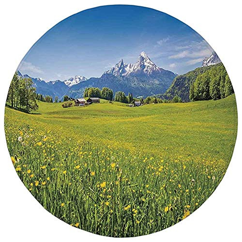 KKONEDS Round Rug Mat Carpet Nature Photo of Alps with Fresh Meadows and Blooming Flower Snowy Mountain Nature Home Green Blue Flannel Microfiber Non-Slip Soft Absorbent for Kitchen Floor Bathroom