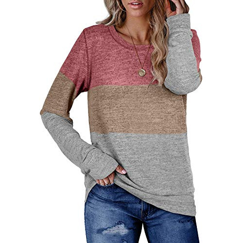 POTO Women s Casual Blouse Tops Long Sleeve Color Block Tees Crewneck Pullover Sweatshirts Tunic Shirts Red
