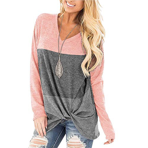 POTO Women Casual Shirts Color Block Long Sleeve Blouse V Neck Pullover Sweatshirts Knot Front Tunic Tops Tees Gray