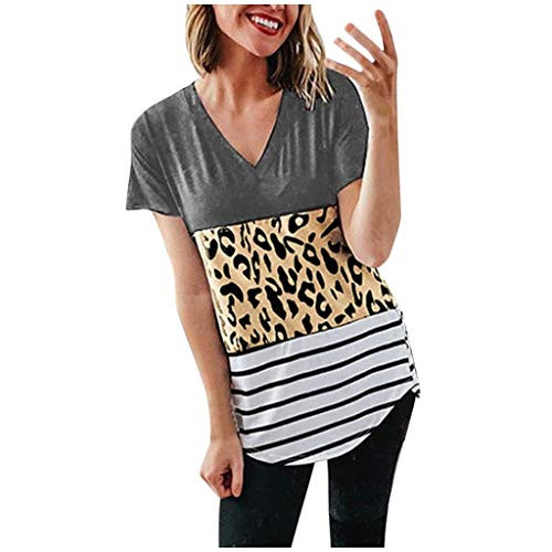 BingYELH Color Block Short Sleeve Shirts for Women Casual V Neck Leopard Print Stripe Patchwork Loose Top Blouse Gray BingYELH Color Block Short Sleeve Shirts for Women Casual V Neck Leopard Print Stripe Patchwork Loose Top Blouse Gray