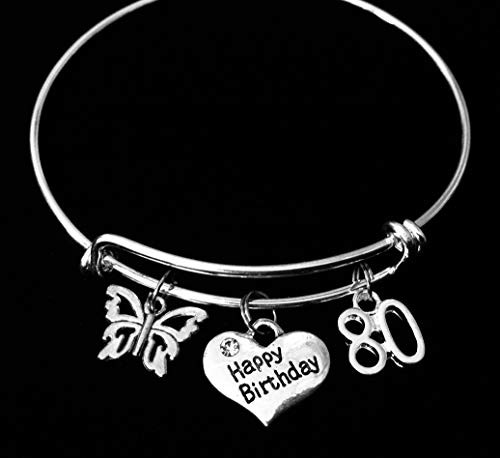 Women s 80th Birthday Gift Happy Birthday 80 Expandable Charm Bracelet SILver Adjustable Bangle 80 Birthday One Size Fits All Gift Butterfly