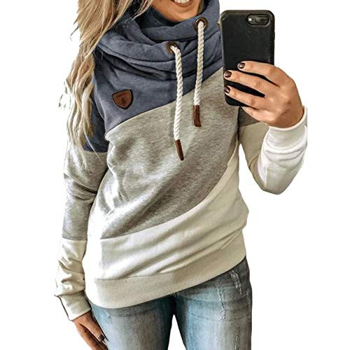 Womens Cowl Neck Color Block Hooded Sweatshirt Drawstring Pullover Lightweight Casual Long Sleeve Hoodies Tunic Tops  Blue  L