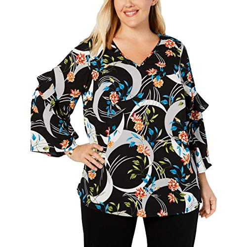 Alfani Womens Plus Modern Spice Floral Print Ruffles Blouse Black 2X