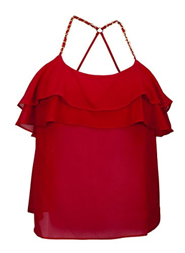 eVogues Plus Size Racer Back Ruffled Flounce Mesh Top Red - 1X