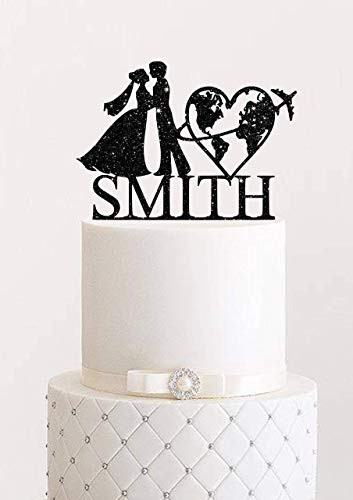 Personalized Travelling Cake Topper with Airplane Travel Themed Wedding Cake Topper Custom Cake Topper Mr  and  Mrs World Map Cake Topper