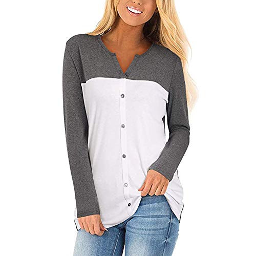 POTO Color Block Tops for Womens Long Sleeve V Neck Tees Button Down Casual Loose Shirts Tunic Blouse Gray POTO Color Block Tops for Womens Long Sleeve V Neck Tees Button Down Casual Loose Shirts Tunic Blouse Gray