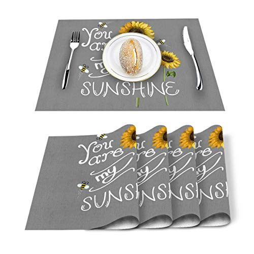 Sunflower You are My Sunshine Placemats 4 PCS Washable Placemat for Dining Table Decorations  Heat-Resistant Table Mats for Kitchen Dinner Banquet Decor Grey