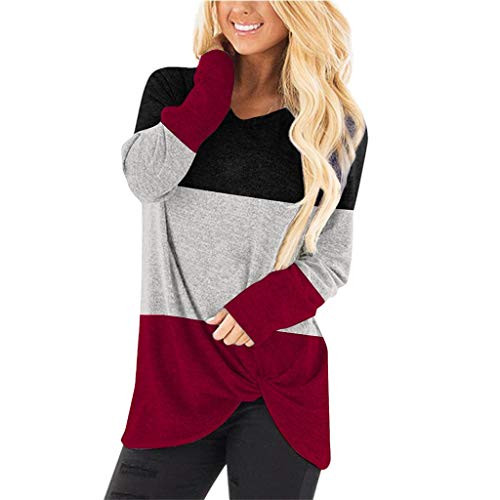 Fudule Womens Color Block Hoodies Lightweight Knit Sweaters Long Sleeve Casual Striped V Neck Pullovers Sweatshirts Tops Red