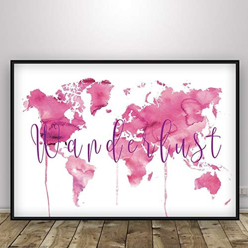 World Map Print Wanderlust - Typography Poster  Pink Watercolor Globe  Map of the world wall art  travel gift  geography art  Unframed print