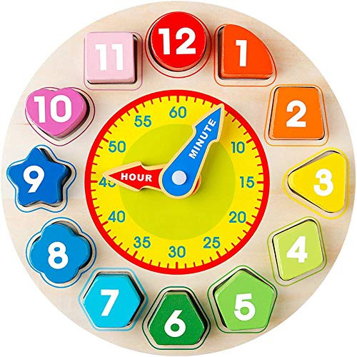 Wooden Shape Color Sorting Clock Teaching Time Number Blocks Puzzle Shape Matching Game Jigsaw Montessori Early Learning Educational Toy Gift for Toddler Baby Kids  A