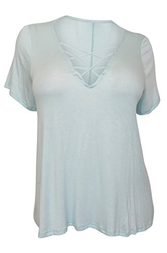 eVogues Plus Size Lace Up V-Neck Top Sky Blue - 1X