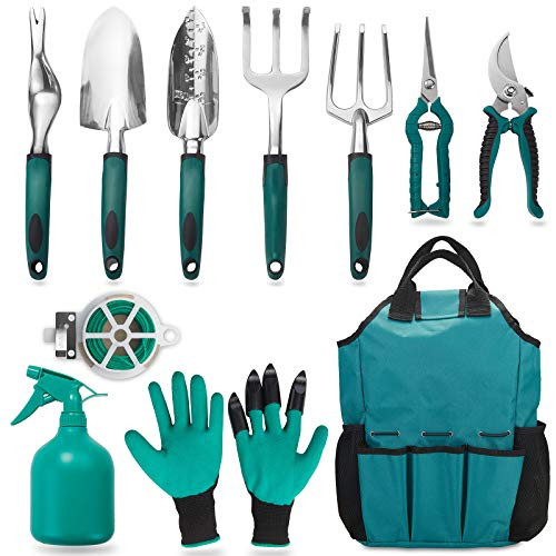 FiveJoy Garden Tool Set  11 Piece Aluminum Alloy Steel Hand Tool Starter Kit with Garden Bag  Outdoor Tool  Heavy Duty Gardening Work Set with Ergonomic Handle  Gardening Tools for Women and Men