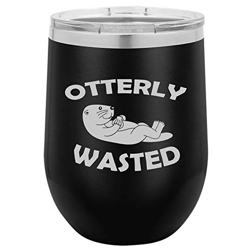 12 oz Double Wall Vacuum Insulated Stainless Steel Stemless Wine Tumbler Glass Coffee Travel Mug With Lid Otterly Wasted Otter Funny  Black