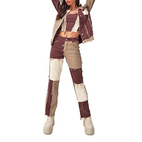 Fashion Women Patchwork Jeans Color Block High Waist Distressed Raw Hem Denim Straight Pants Vintage Trousers  Brown  S