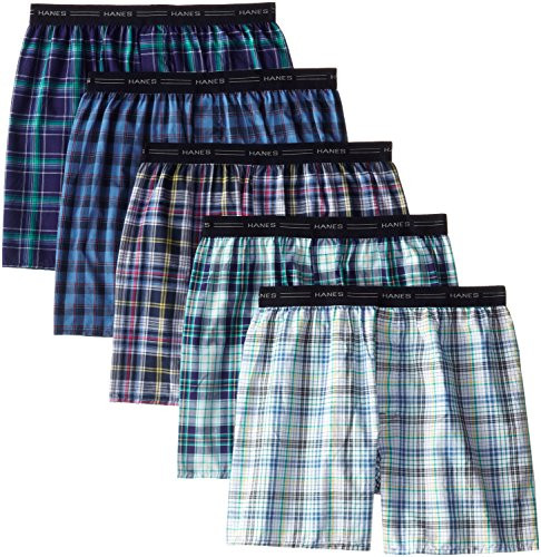 Hanes Men s 5-Pack Woven Exposed Waistband Boxers  Fashion Plaid  Medium