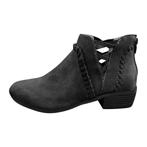 Ladies Cutout Ankle Boots Stacked Block Chunky Heels Slip On Fall Western Booties Pointed Toe Perforated Boots Black