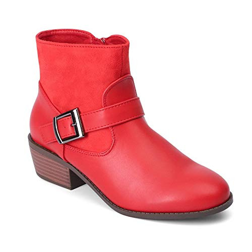 Trary Women s Ankle Bootie Low Stacked Heel Boots with Round Toe and Side Zipper Red 09