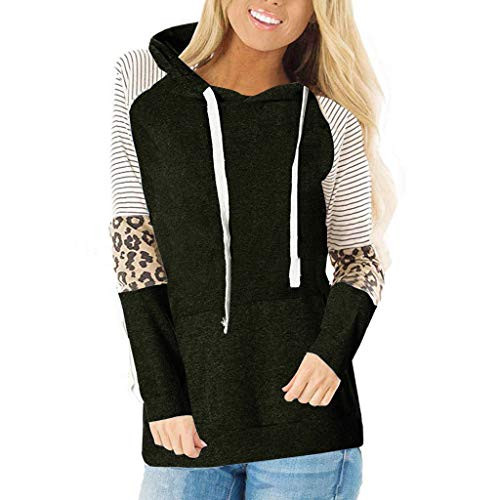 Women s Long Sleeve Leopard Color Block Tunic Hoodies Casual Comfy Stripe Round Neck Sweatshirt Pullover Shirt Tops Army Green