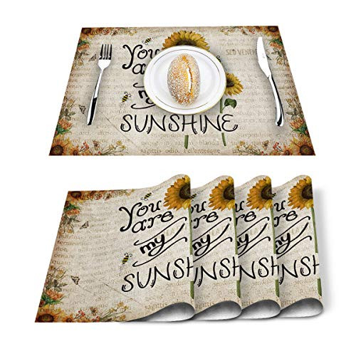 Sunflower Art You are My Sunshine Placemats 6 PCS Washable Placemat for Dining Table Decorations  Heat-Resistant Table Mats for Kitchen Dinner Banquet Decor Retro Newpaper