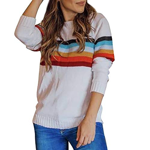 Womens Knitted Pullover Sweater Jchen Color Block Sweaters Rainbow Striped Long Sleeve Loose Knit Pullover Jumper Tops  XL US 10  White