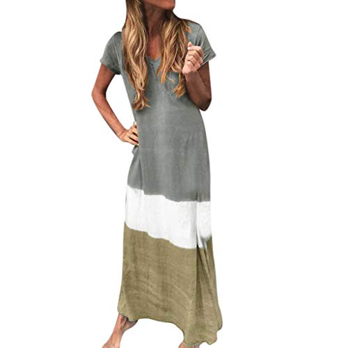 Kaitobe Womens Summer Dresses Maxi Short Sleeve Gradient Color Block Pacthckwor V-Neck Casual Loose Long Dress